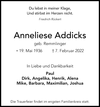 Anzeige von Anneliese Addicks von Kölner Stadt-Anzeiger / Kölnische Rundschau / Express