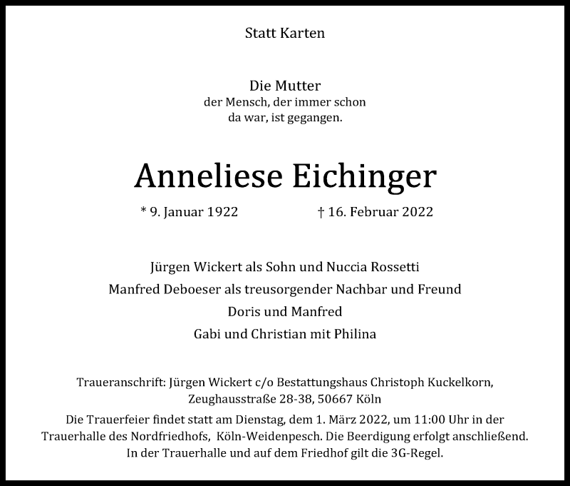  Traueranzeige für Anneliese Eichinger vom 23.02.2022 aus Kölner Stadt-Anzeiger / Kölnische Rundschau / Express