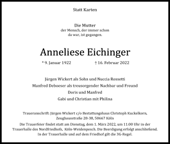 Anzeige von Anneliese Eichinger von Kölner Stadt-Anzeiger / Kölnische Rundschau / Express