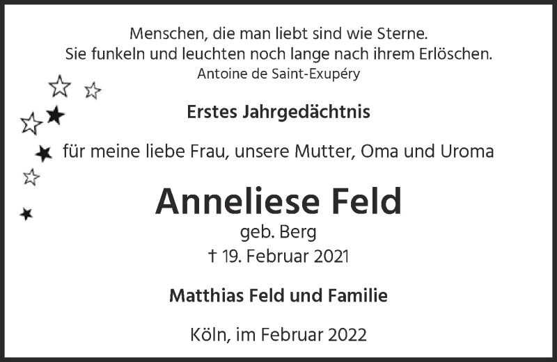  Traueranzeige für Anneliese Feld vom 11.02.2022 aus  Express die Woche 