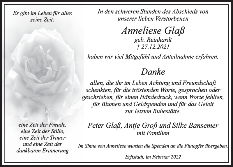  Traueranzeige für Anneliese Glaß vom 25.02.2022 aus  Werbepost 