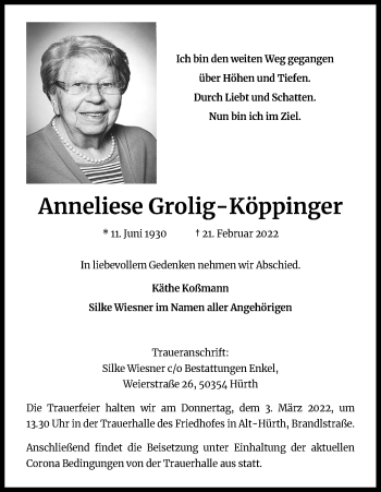 Anzeige von Anneliese Grolig-Köppinger von Kölner Stadt-Anzeiger / Kölnische Rundschau / Express