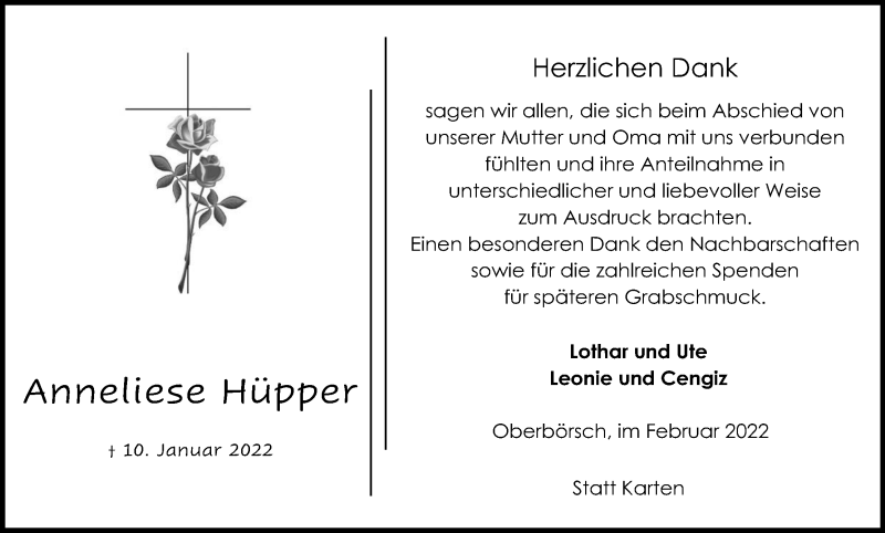  Traueranzeige für Anneliese Hüpper vom 12.02.2022 aus Kölner Stadt-Anzeiger / Kölnische Rundschau / Express
