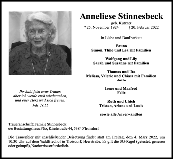 Anzeige von Anneliese Stinnesbeck von Kölner Stadt-Anzeiger / Kölnische Rundschau / Express