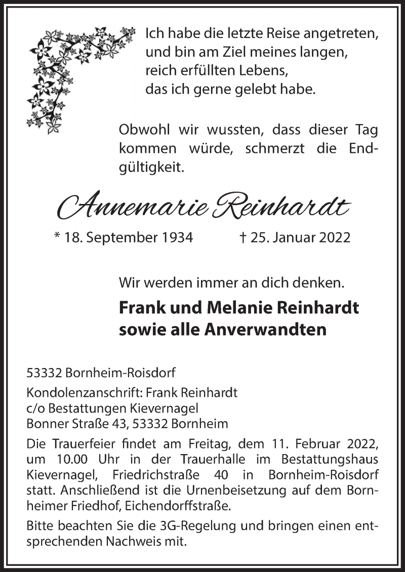  Traueranzeige für Annemarie Reinhardt vom 04.02.2022 aus  Schaufenster/Blickpunkt 
