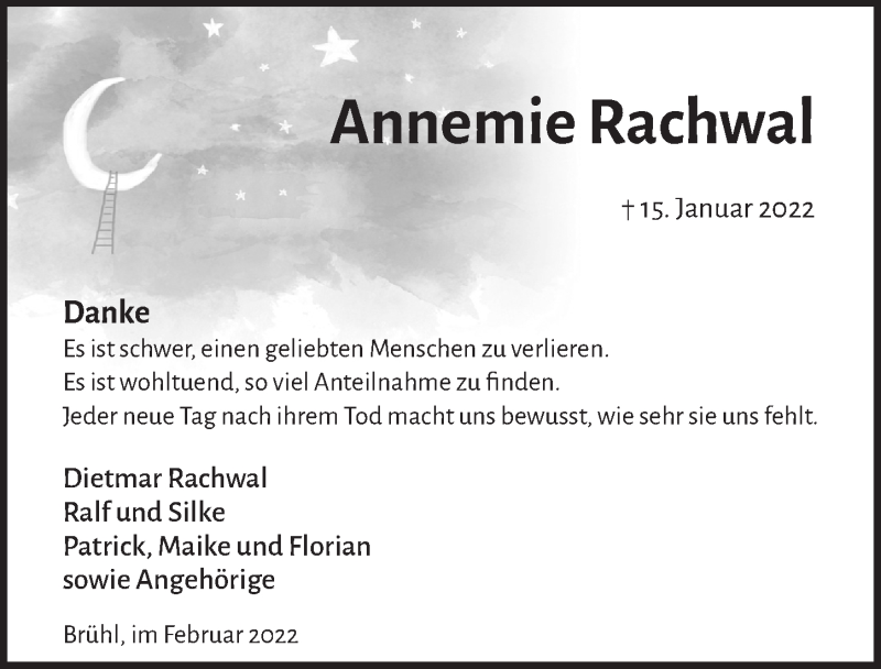  Traueranzeige für Annemie Rachwal vom 11.02.2022 aus  Schlossbote/Werbekurier 