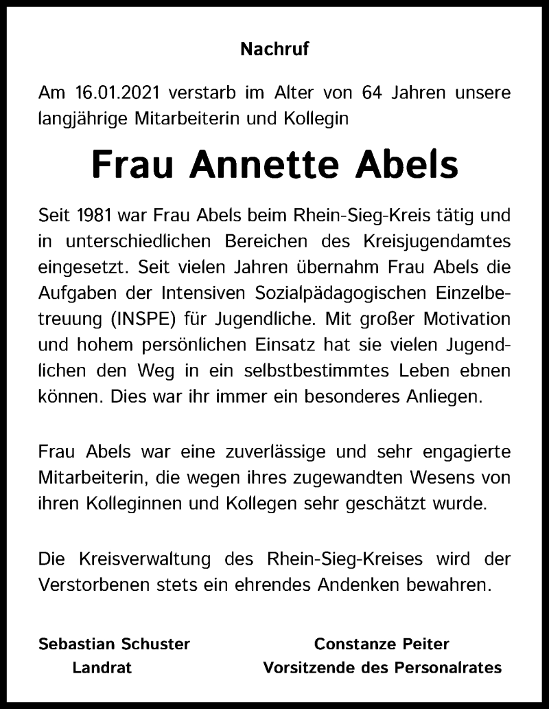  Traueranzeige für Annette Abels vom 02.02.2022 aus Kölner Stadt-Anzeiger / Kölnische Rundschau / Express