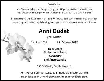 Anzeige von Anni Dudat von Kölner Stadt-Anzeiger / Kölnische Rundschau / Express