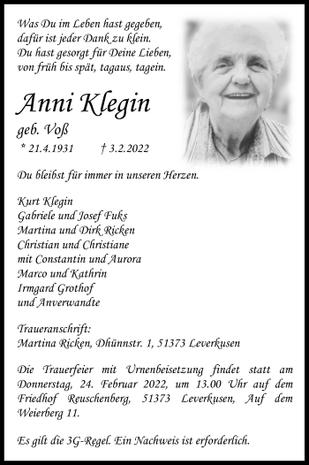 Anzeige von Anni Klegin von Kölner Stadt-Anzeiger / Kölnische Rundschau / Express