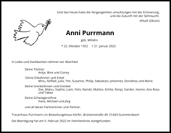 Anzeige von Anni Purrmann von Kölner Stadt-Anzeiger / Kölnische Rundschau / Express
