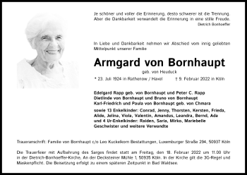 Anzeige von Armgard von Bornhaupt von Kölner Stadt-Anzeiger / Kölnische Rundschau / Express