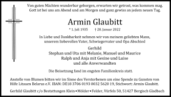 Anzeige von Armin Glaubitt von Kölner Stadt-Anzeiger / Kölnische Rundschau / Express