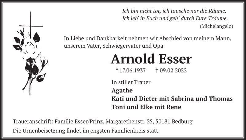  Traueranzeige für Arnold Esser vom 18.02.2022 aus  Werbepost 
