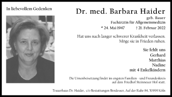 Anzeige von Barbara Haider von Kölner Stadt-Anzeiger / Kölnische Rundschau / Express