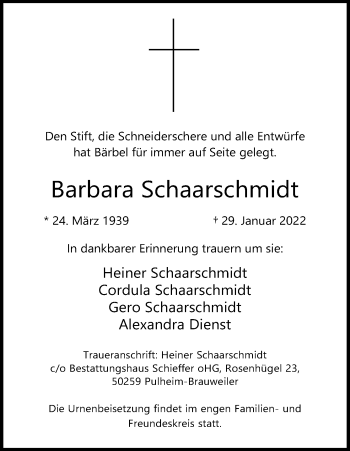 Anzeige von Barbara Schaarschmidt von Kölner Stadt-Anzeiger / Kölnische Rundschau / Express