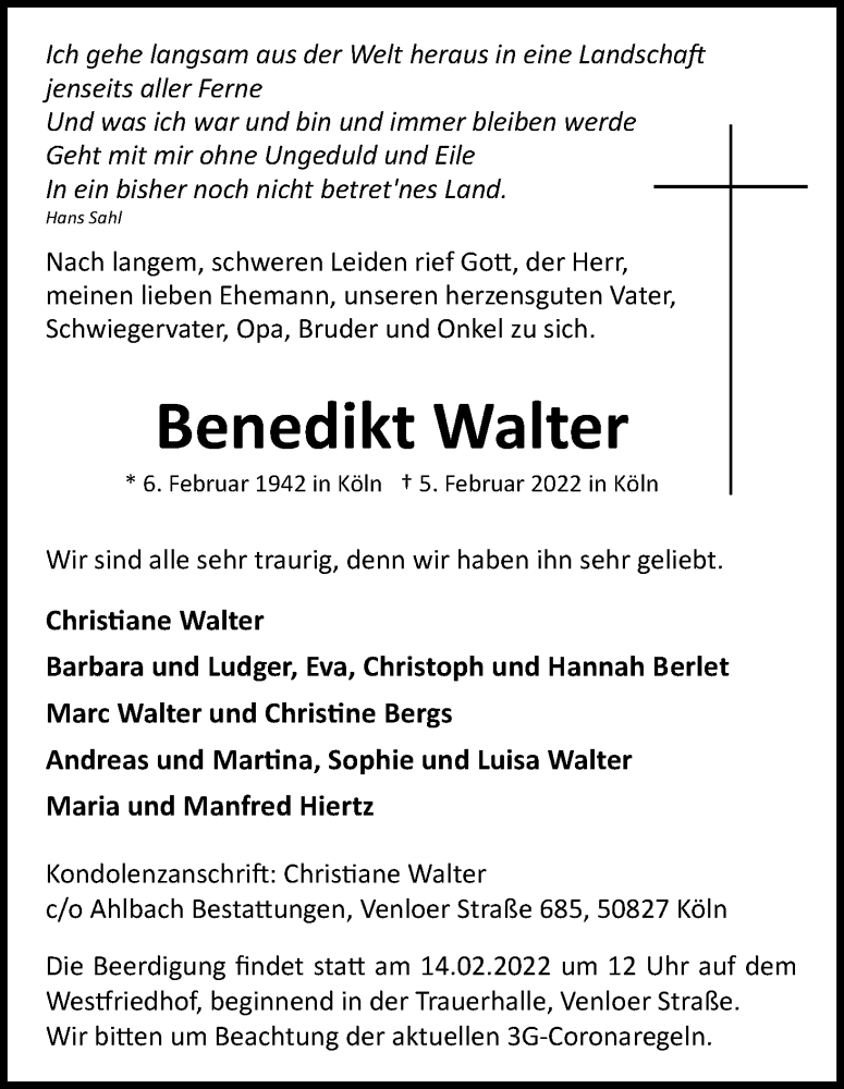  Traueranzeige für Benedikt Walter vom 12.02.2022 aus Kölner Stadt-Anzeiger / Kölnische Rundschau / Express