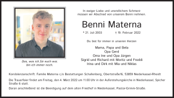 Anzeige von Benni Materna von Kölner Stadt-Anzeiger / Kölnische Rundschau / Express