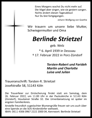 Anzeige von Berlinde Strietzel von Kölner Stadt-Anzeiger / Kölnische Rundschau / Express