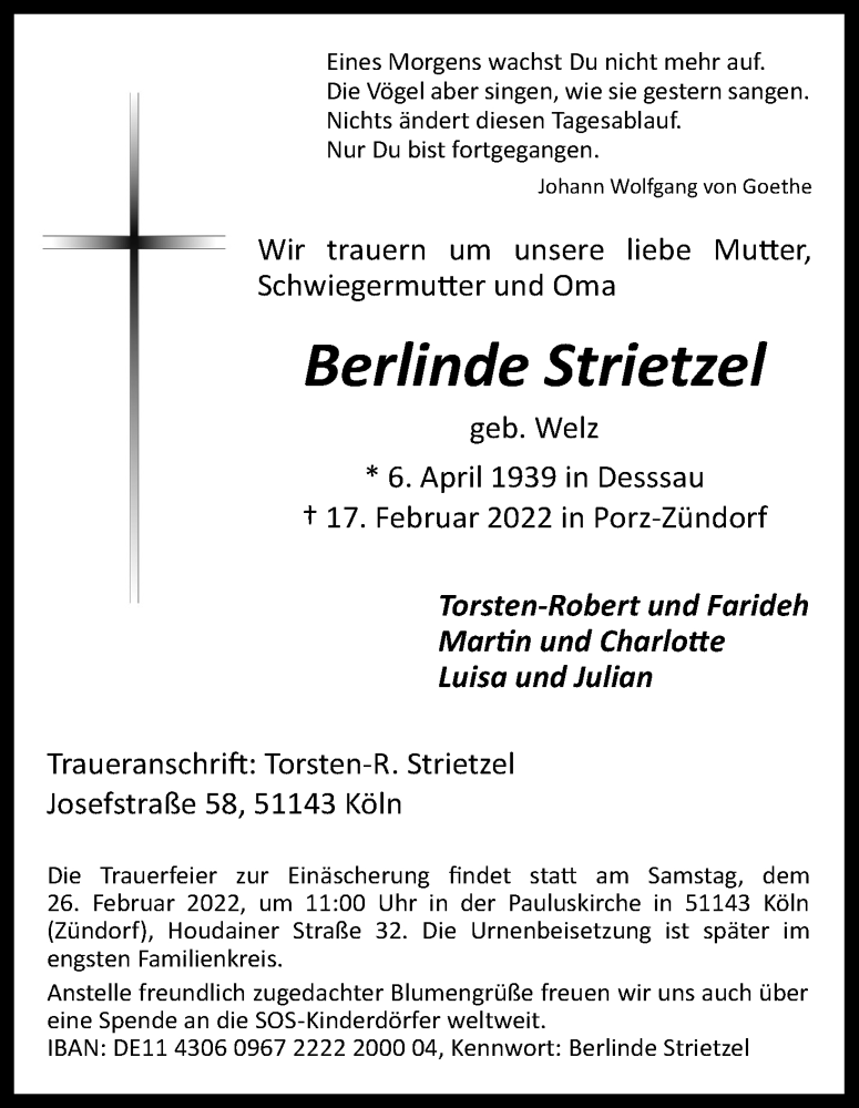 Traueranzeige für Berlinde Strietzel vom 23.02.2022 aus Kölner Stadt-Anzeiger / Kölnische Rundschau / Express