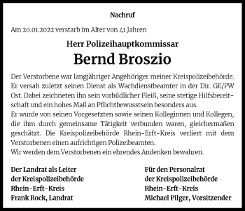 Anzeige von Bernd Broszio von Kölner Stadt-Anzeiger / Kölnische Rundschau / Express
