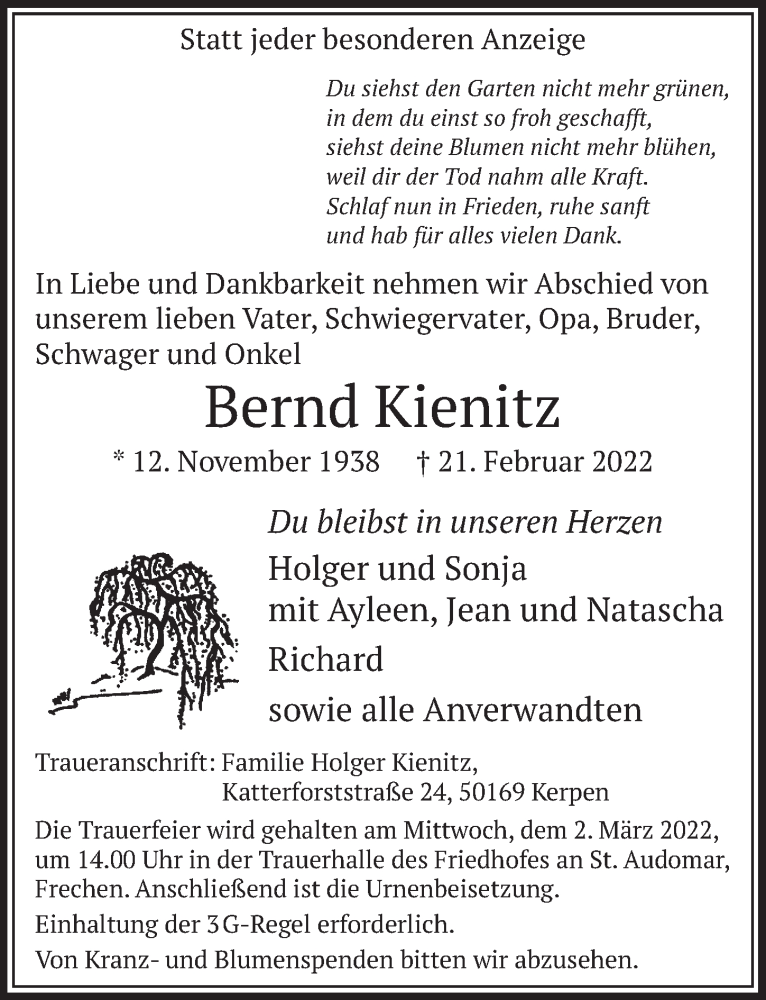  Traueranzeige für Bernd Kienitz vom 25.02.2022 aus  Wochenende 