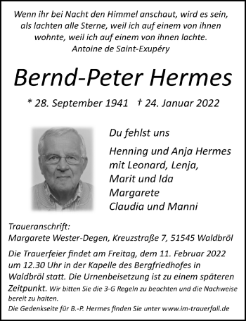 Anzeige von Bernd-Peter Hermes von  Lokalanzeiger 