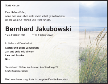 Anzeige von Bernhard Jakubowski von Kölner Stadt-Anzeiger / Kölnische Rundschau / Express