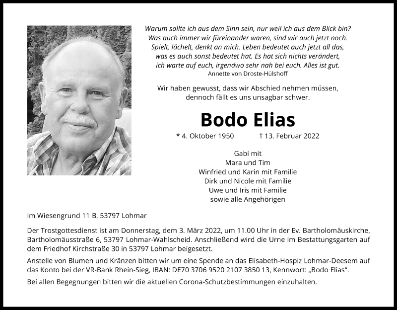  Traueranzeige für Bodo Elias vom 19.02.2022 aus Kölner Stadt-Anzeiger / Kölnische Rundschau / Express