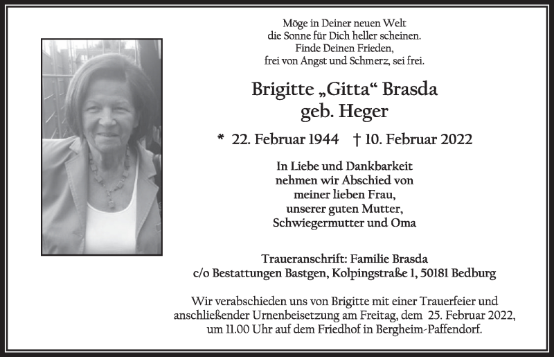  Traueranzeige für Brigitte  Brasda vom 18.02.2022 aus  Werbepost 