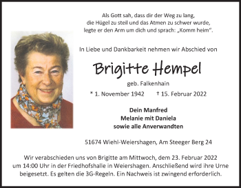 Anzeige von Brigitte Hempel von Kölner Stadt-Anzeiger / Kölnische Rundschau / Express