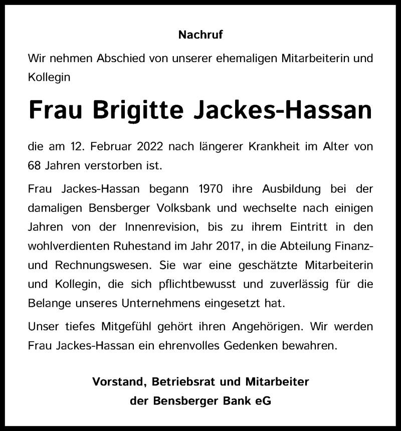  Traueranzeige für Brigitte Jackes-Hassan vom 25.02.2022 aus Kölner Stadt-Anzeiger / Kölnische Rundschau / Express