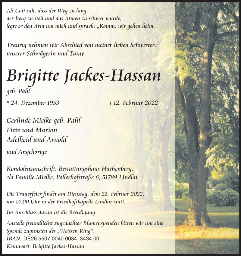  Traueranzeige für Brigitte Jackes-Hassan vom 19.02.2022 aus Kölner Stadt-Anzeiger / Kölnische Rundschau / Express
