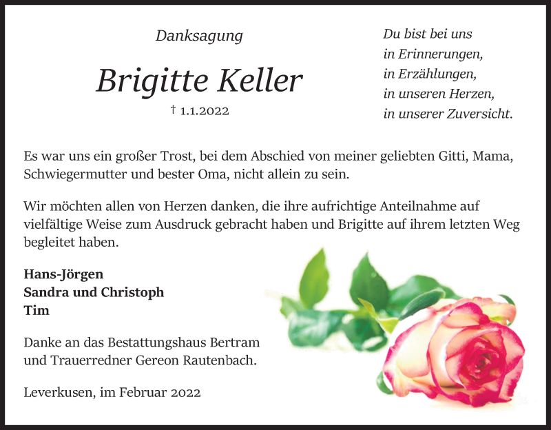  Traueranzeige für Brigitte Keller vom 12.02.2022 aus Kölner Stadt-Anzeiger / Kölnische Rundschau / Express