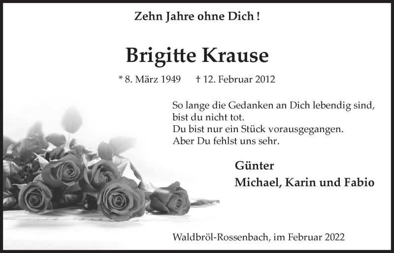  Traueranzeige für Brigitte Krause vom 11.02.2022 aus  Lokalanzeiger 