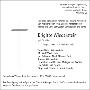 Anzeige von Brigitte Wiederstein von  Anzeigen Echo 