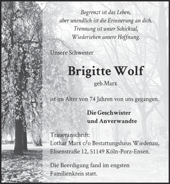 Anzeige von Brigitte Wolf von  EXPRESS - Die Woche 