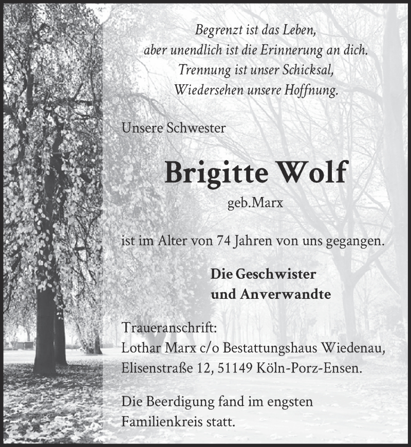  Traueranzeige für Brigitte Wolf vom 18.02.2022 aus  EXPRESS - Die Woche 