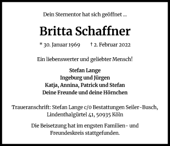 Anzeige von Britta Schaffner von Kölner Stadt-Anzeiger / Kölnische Rundschau / Express