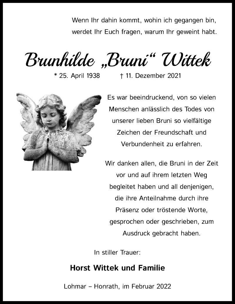  Traueranzeige für Brunhilde Wittek vom 05.02.2022 aus Kölner Stadt-Anzeiger / Kölnische Rundschau / Express