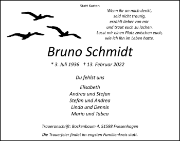 Anzeige von Bruno Schmidt von  Lokalanzeiger 