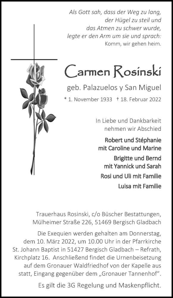  Traueranzeige für Carmen Rosinski vom 26.02.2022 aus Kölner Stadt-Anzeiger / Kölnische Rundschau / Express