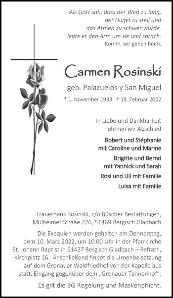Anzeige von Carmen Rosinski von Kölner Stadt-Anzeiger / Kölnische Rundschau / Express