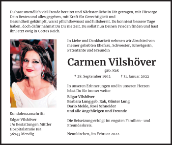Anzeige von Carmen Vilshöver von Kölner Stadt-Anzeiger / Kölnische Rundschau / Express