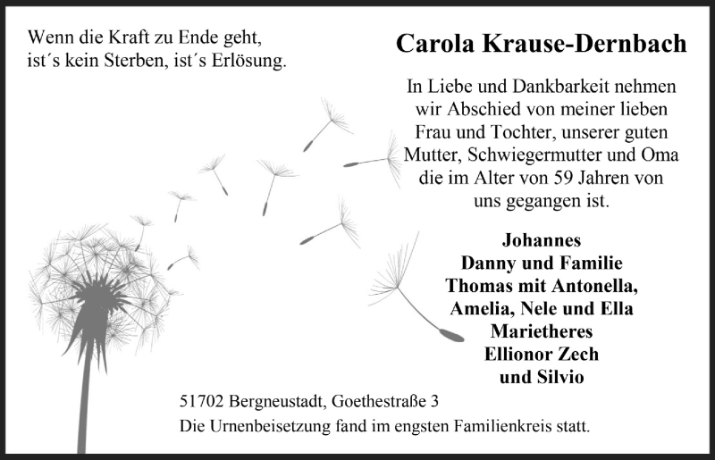  Traueranzeige für Carola Krause-Dernbach vom 04.02.2022 aus  Anzeigen Echo 