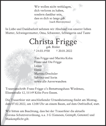 Anzeige von Christa Frigge 