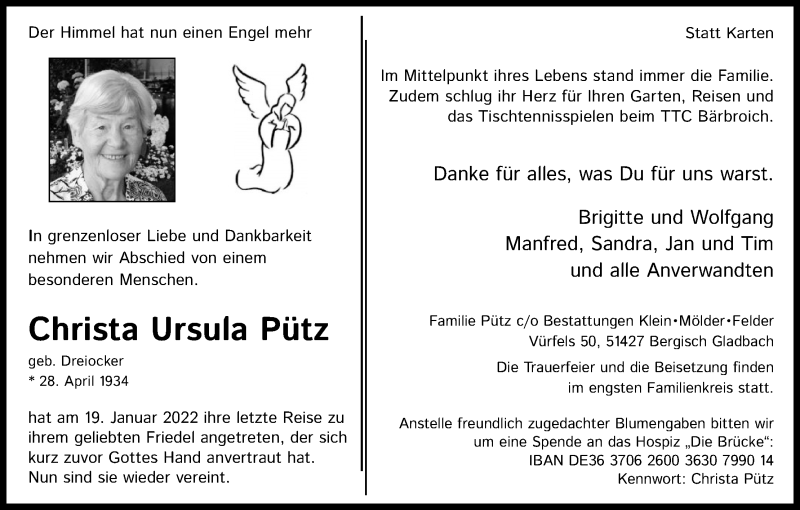  Traueranzeige für Christa Ursula Pütz vom 05.02.2022 aus Kölner Stadt-Anzeiger / Kölnische Rundschau / Express