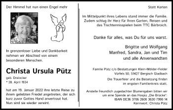 Anzeige von Christa Ursula Pütz von Kölner Stadt-Anzeiger / Kölnische Rundschau / Express