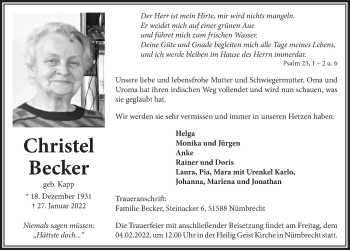 Anzeige von Christel Becker von  Lokalanzeiger 