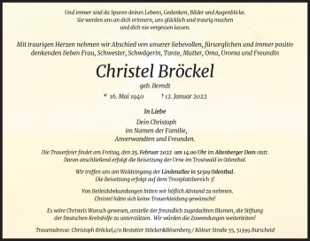 Anzeige von Christel Bröckel von Kölner Stadt-Anzeiger / Kölnische Rundschau / Express
