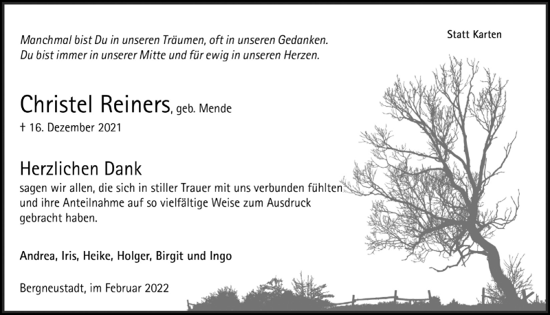  Traueranzeige für Christel Reiners vom 18.02.2022 aus  Anzeigen Echo 